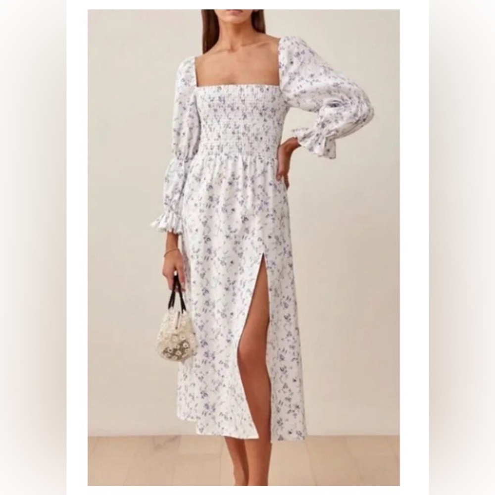 House of Harlow Dress Smocked White Floral Linen Midi Cottagecore Size XS - Picture 3 of 11